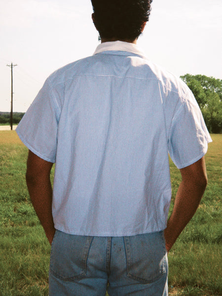 cropped blue button down