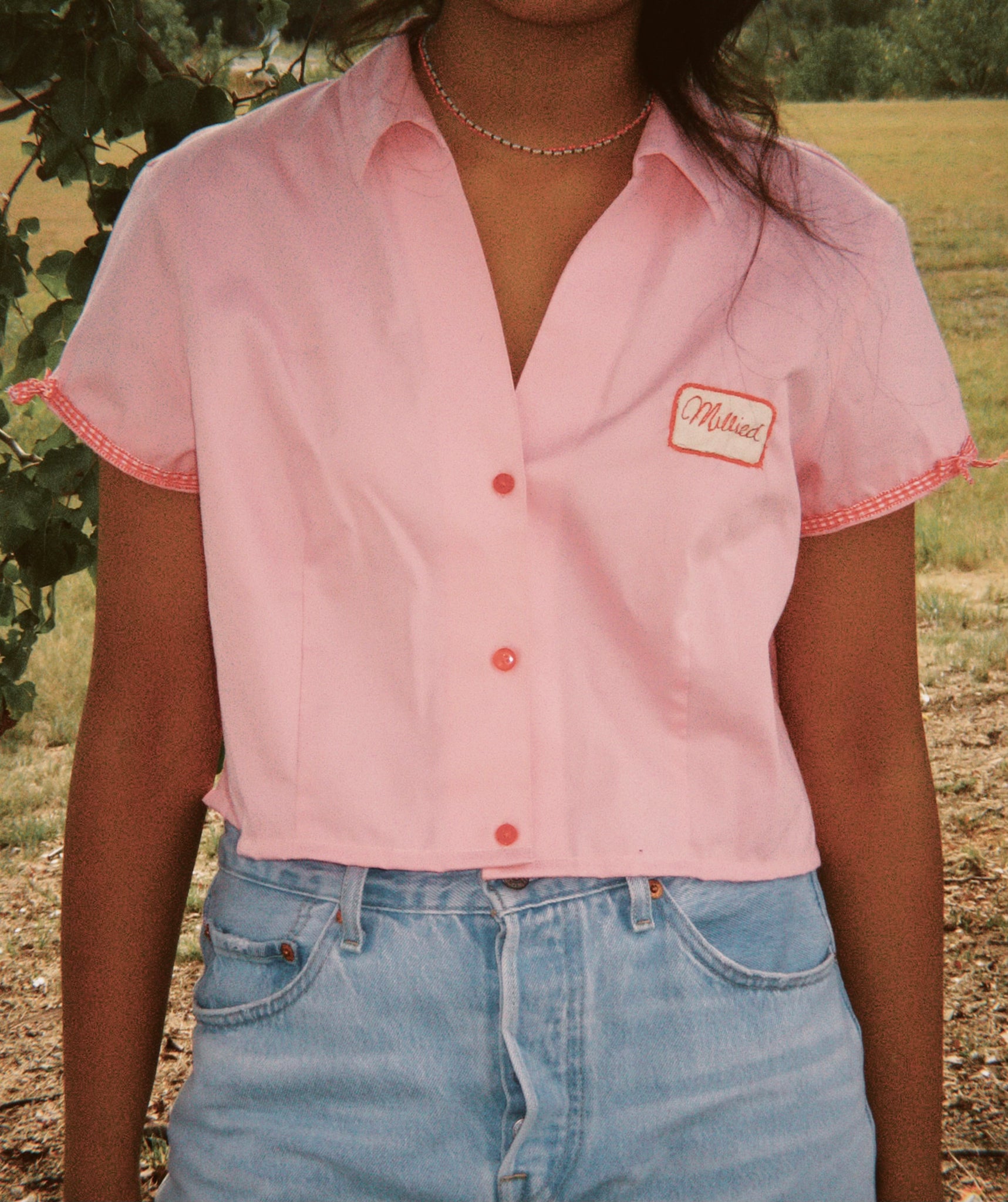 cropped pink button up